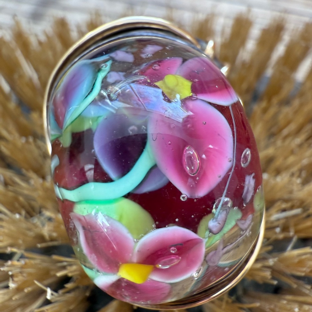 🌈HOST PICK🌈NWOT Artisan Lampwork Floral Silver Gold Ring Floral Glass Ring - Picture 7 of 16